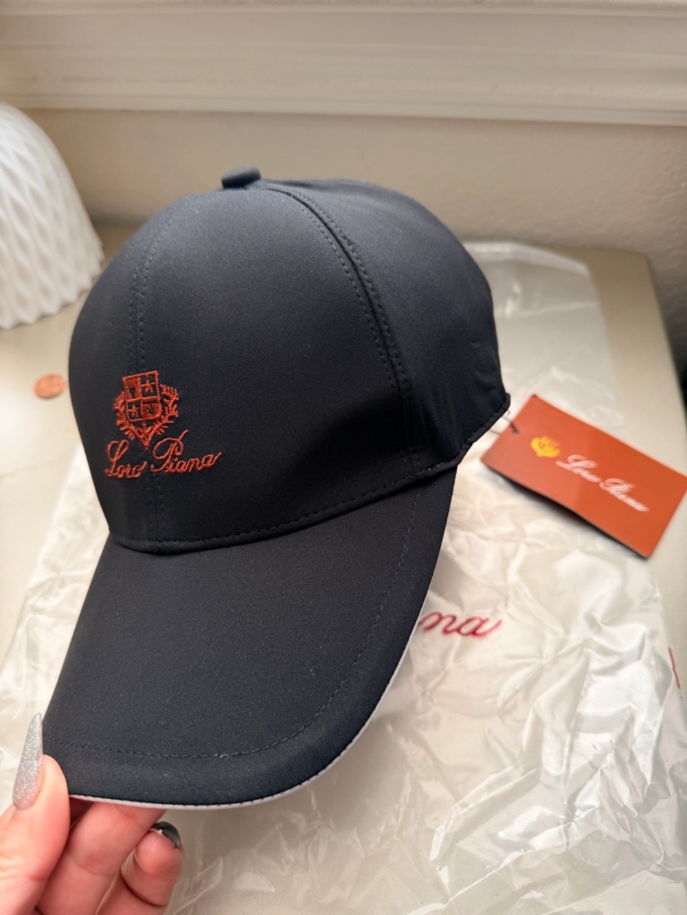 Loro Piana Black Baseball Cap with Orange Crest Embroidery